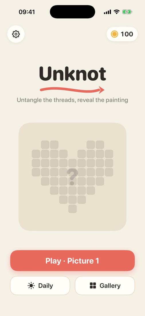 Unknot home screen with the next painting hidden